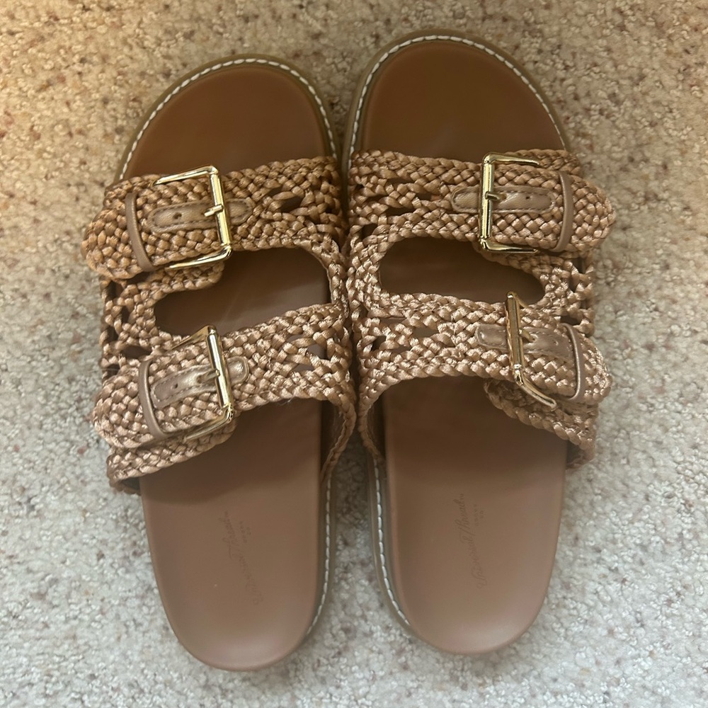 Women's Woven Tan Sandals with Gold Buckles
